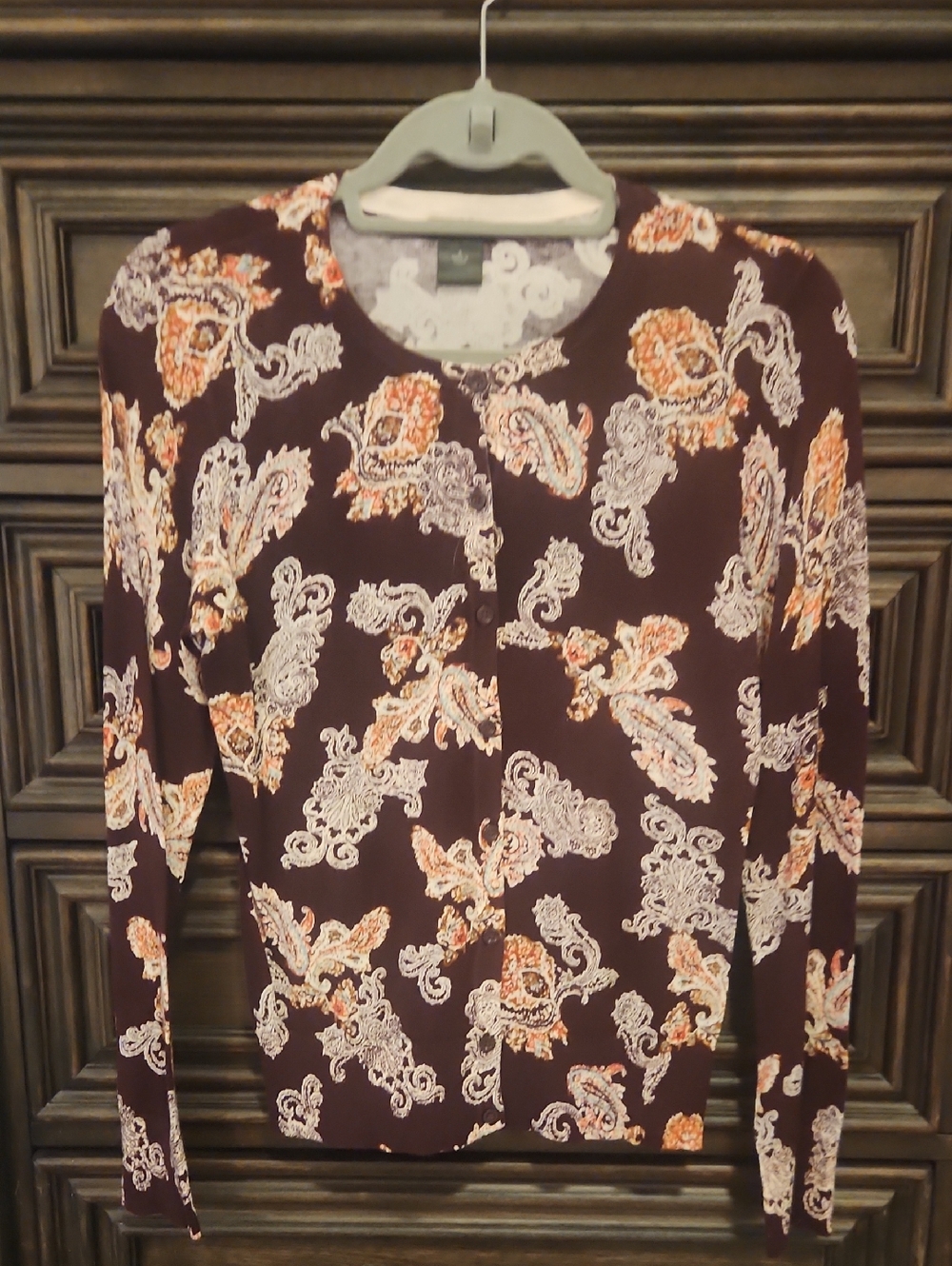 Ann Taylor Paisley Long-Sleeve Sweater in Maroon, Orange & Cream